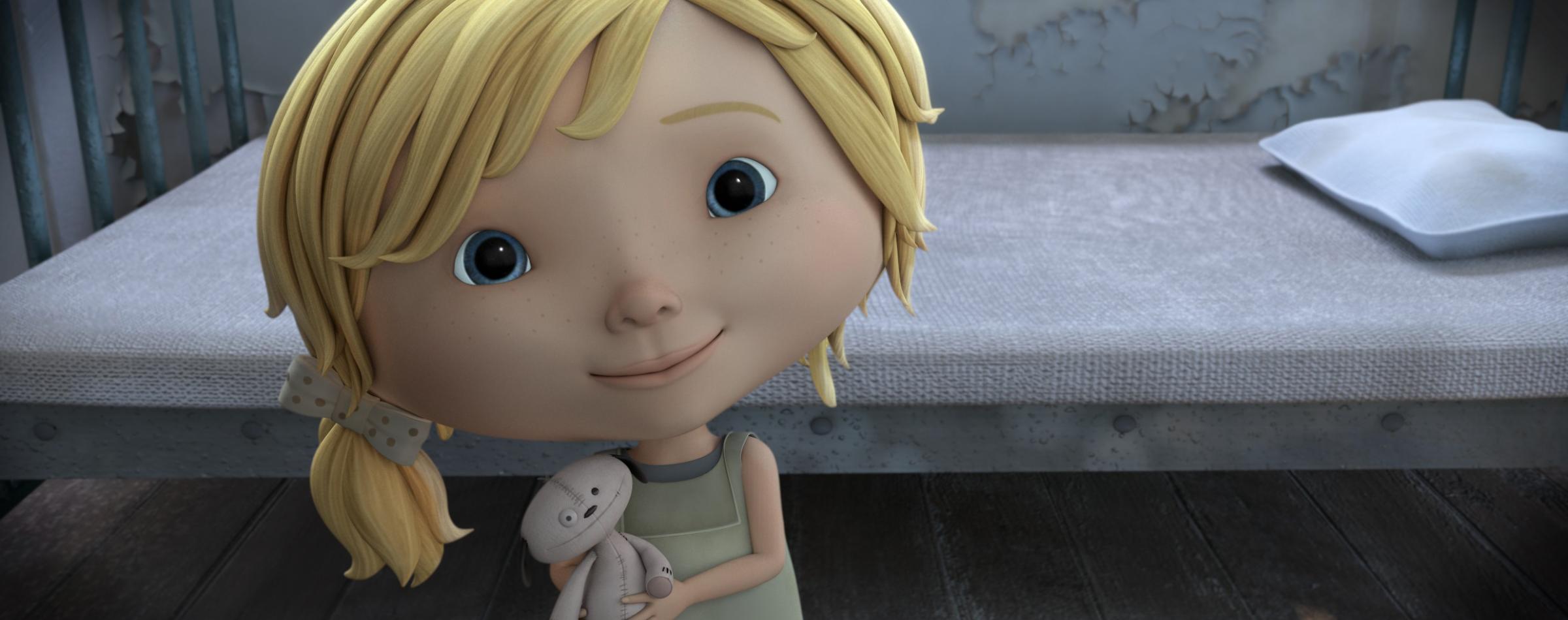 A still from animated short film Anya, showing a small girl holding a teddy bear