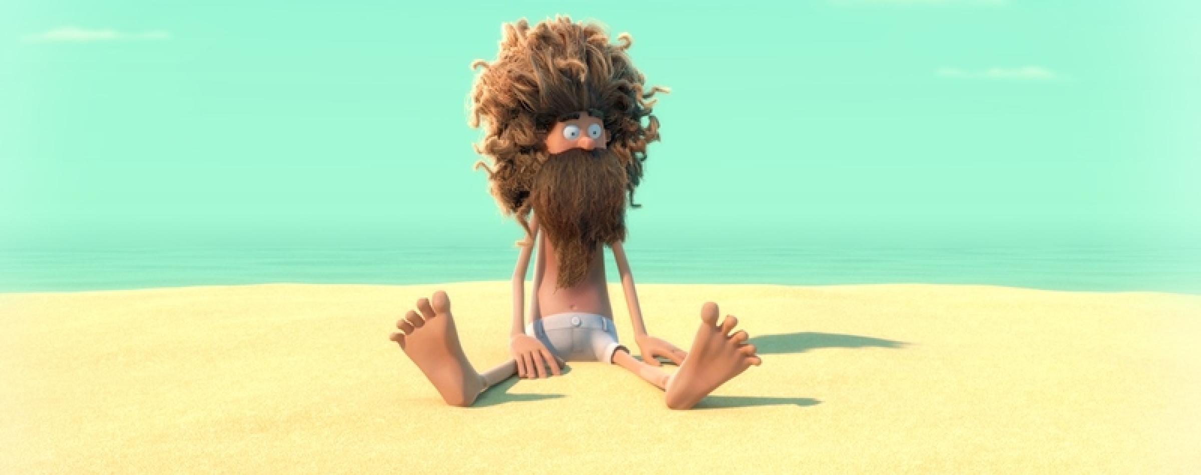 A still from the short film An Ode to Love, showing a man deserted on a beach 