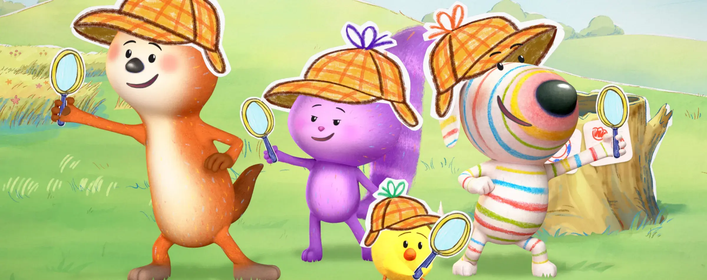 Dylan's Playtime Adventures: Three characters in gardening outfits hold tools among flowers and plants.