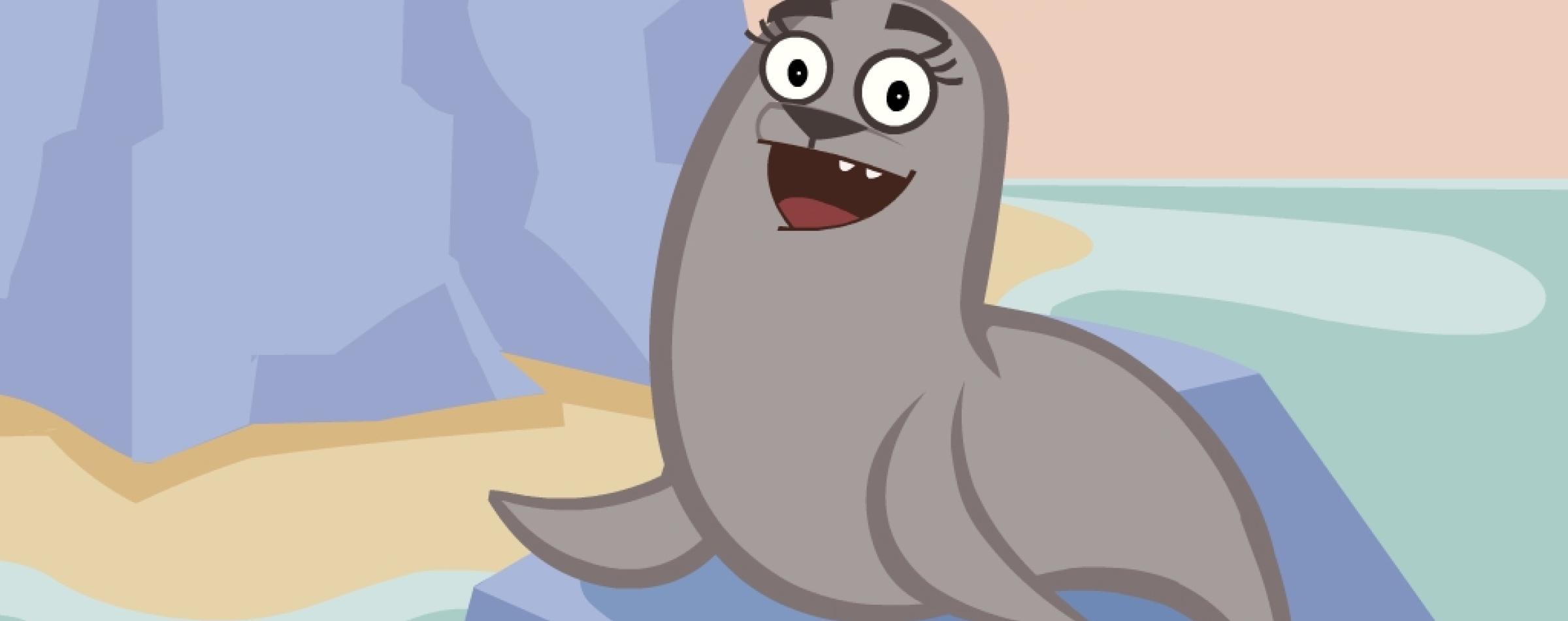 a smiling seal sitting up on some ice