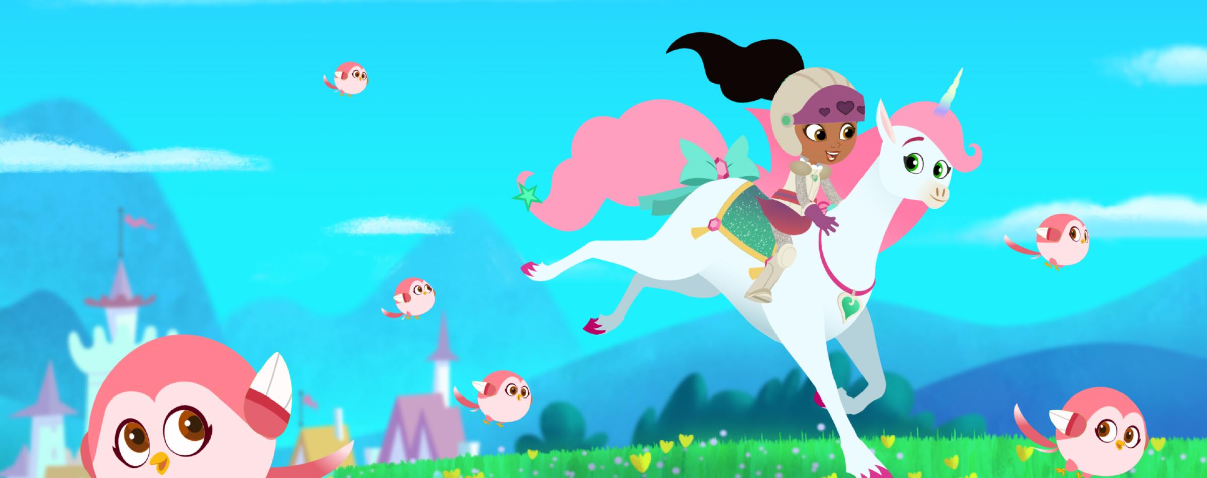 Nella the Princess Knight galloping through the meadow on her unicorn