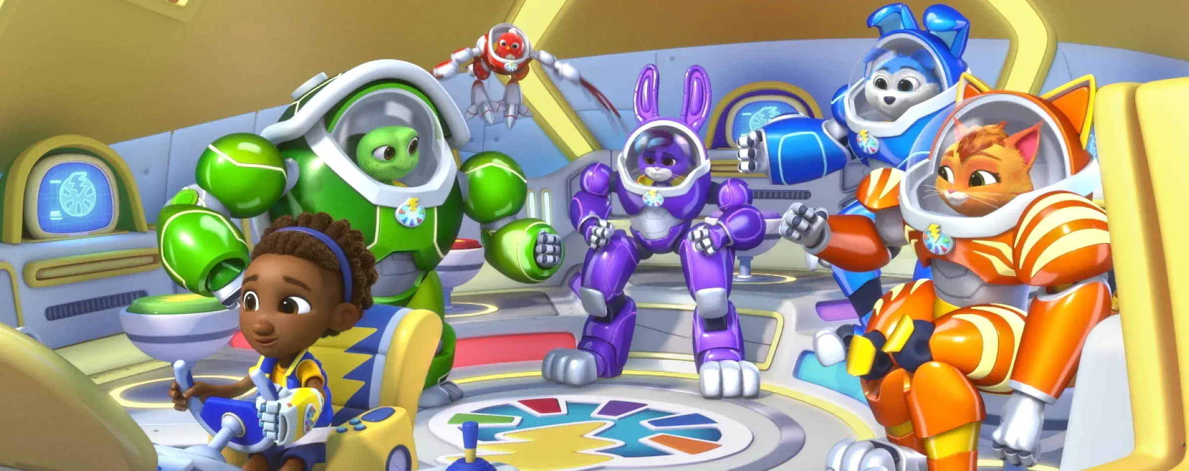 Dax, Hopper, Shelly, Wingo, Booster and Allie in a vehicle together. Dax is sitting at the control panel