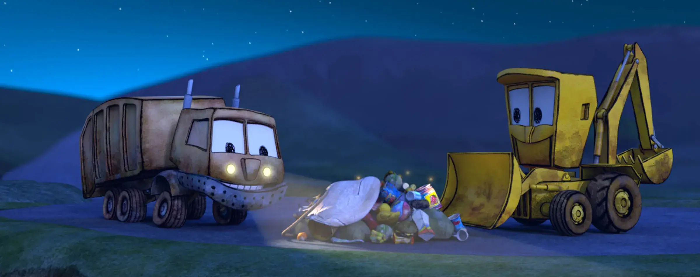 The characters Stinky and Dirty outside in the evening.