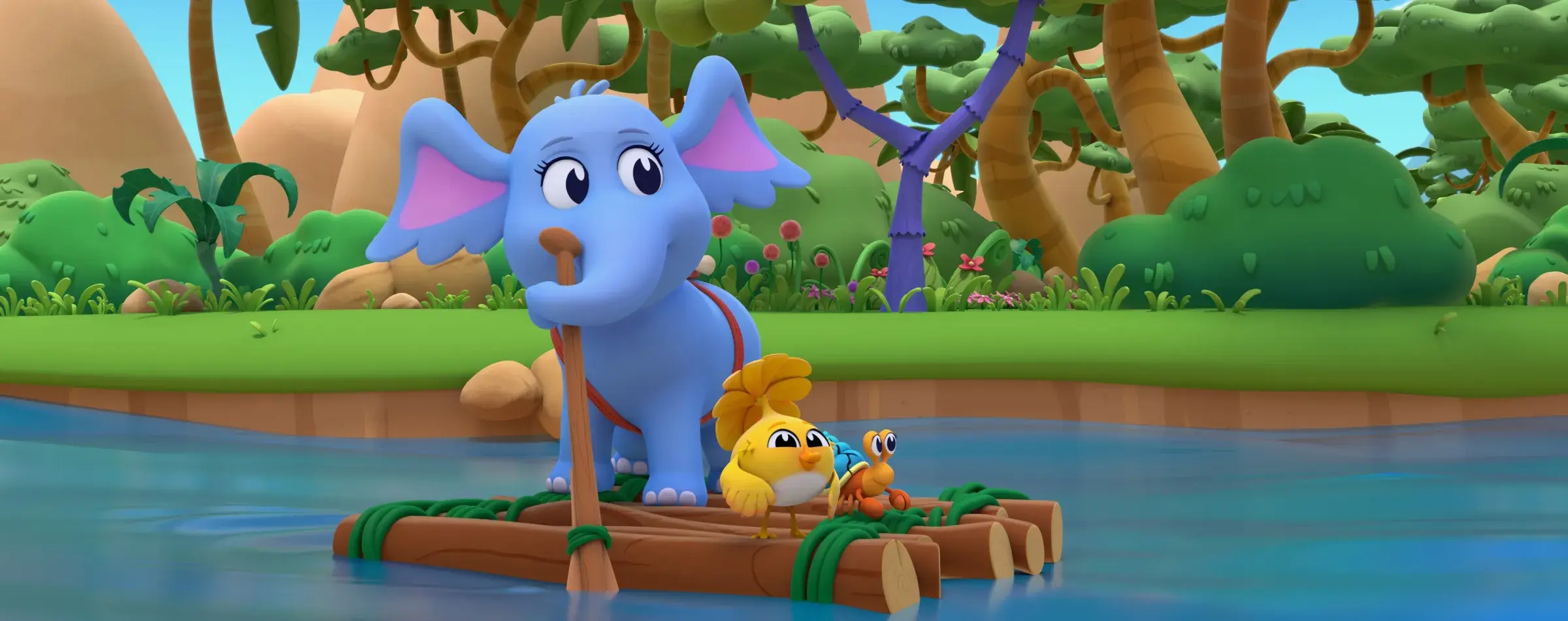 A still from the animated series Dr. Seuss's Horton! featuring Horton and his buddies on a wooden raft in the jungle.