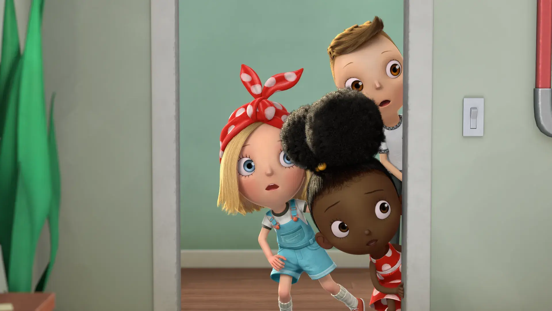 Ada, Rosie, and Iggy peeking at the door