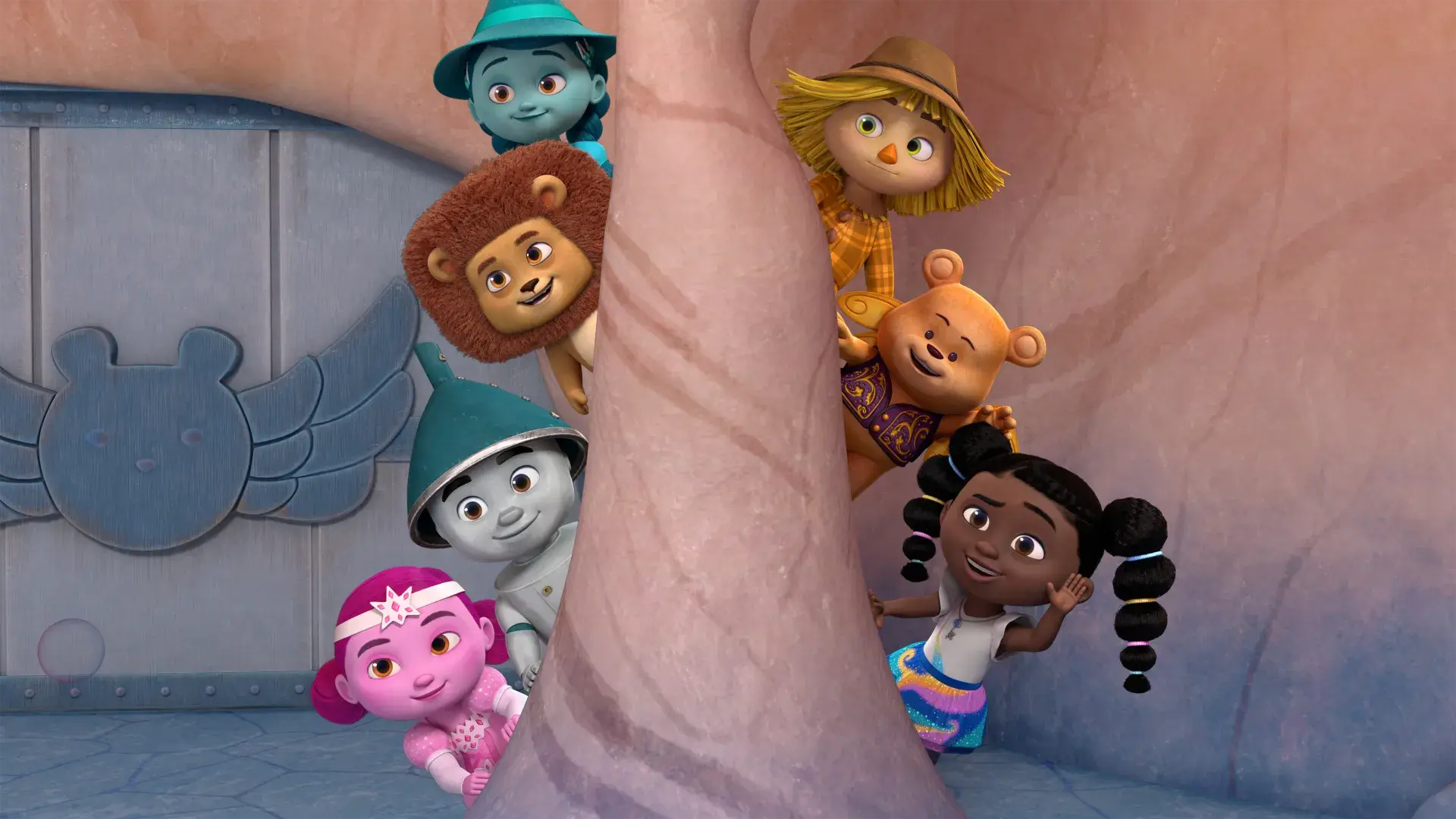 Dee and her friends peeking out from behind a rock pillar