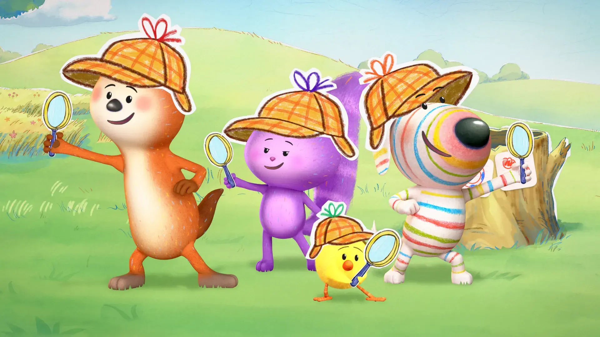 Dylan's Playtime Adventures: Three characters in gardening outfits hold tools among flowers and plants.