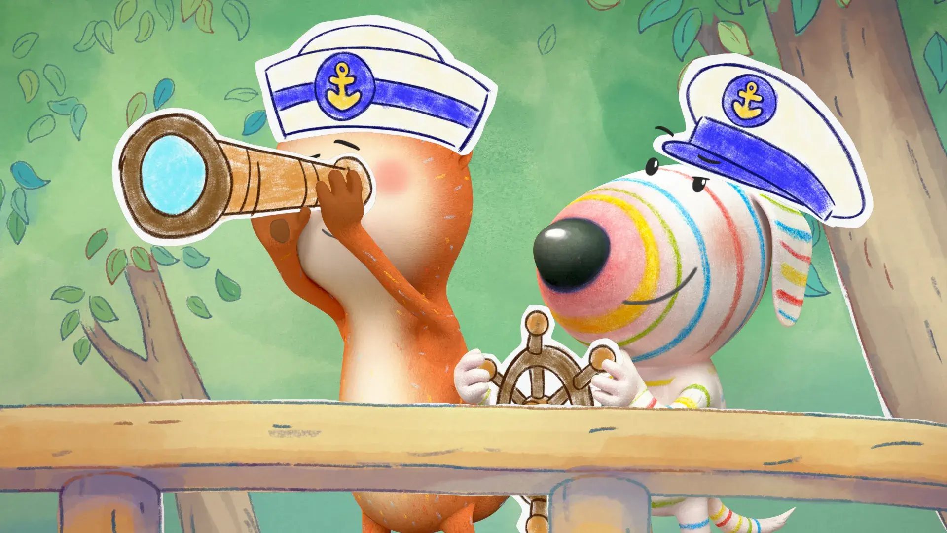 Dylan's Playtime Adventures: One character uses binoculars in sailor attire while another stands nearby.