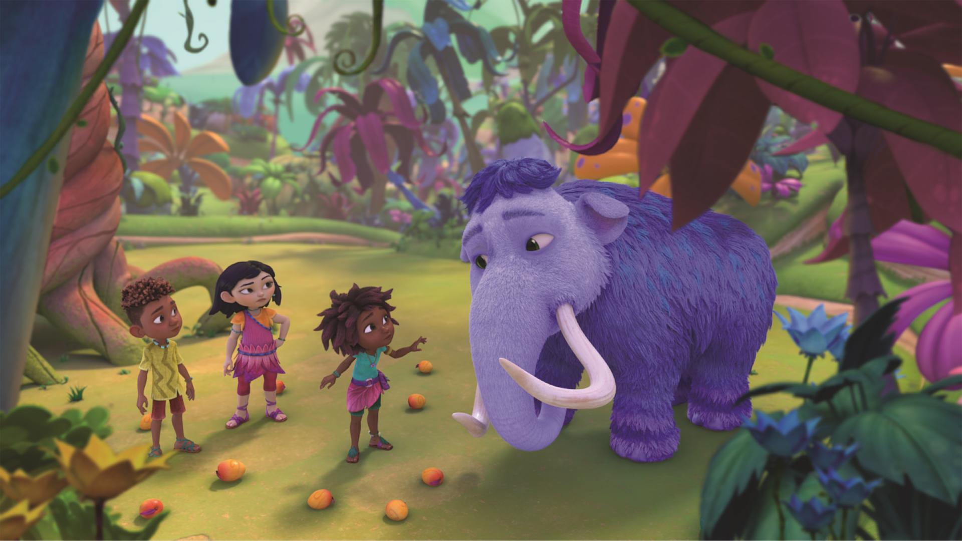 A still from the animated series Eureka! Showing three kids and a mammoth in the jungle