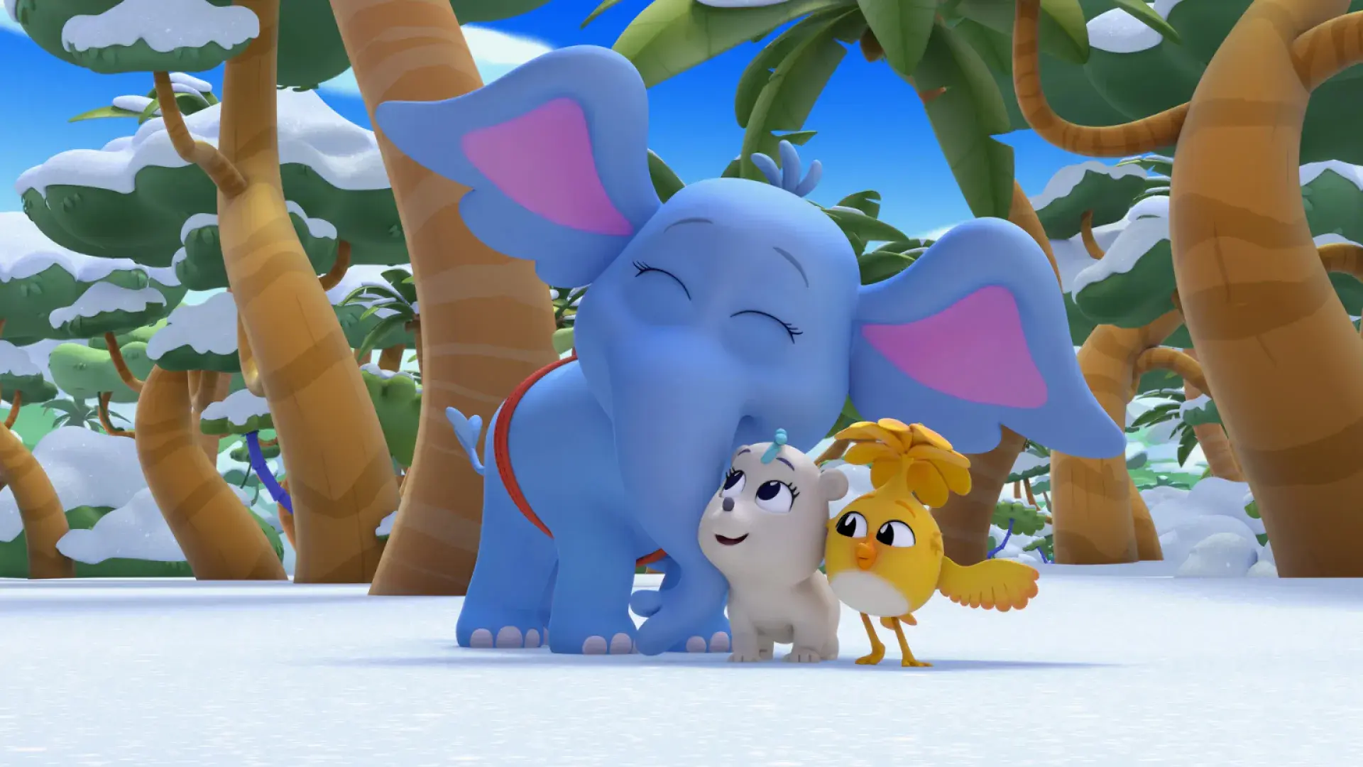 Horton hugging two small animals in a snowy landscape with snow-covered trees.