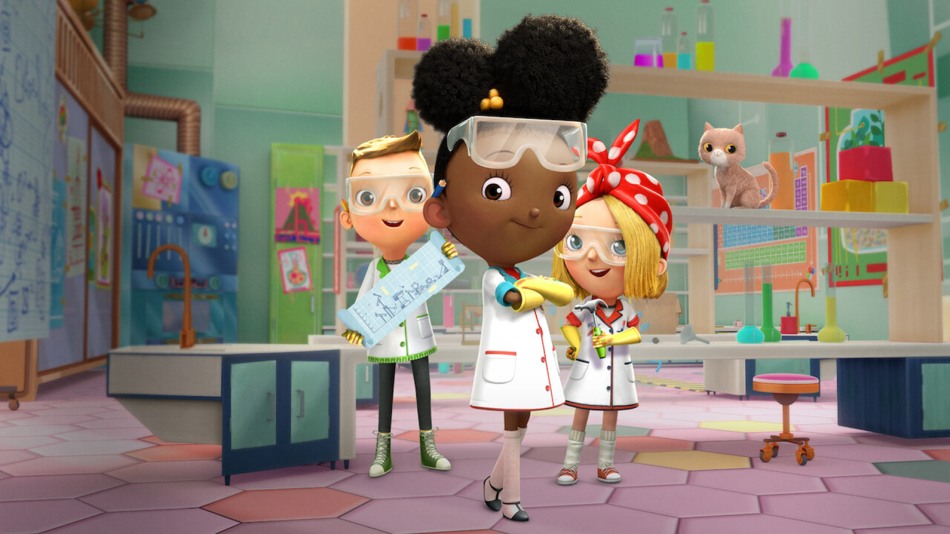 Key Art for Ada Twist, Scientist featuring Iggy, Ada, and Rosie posing together