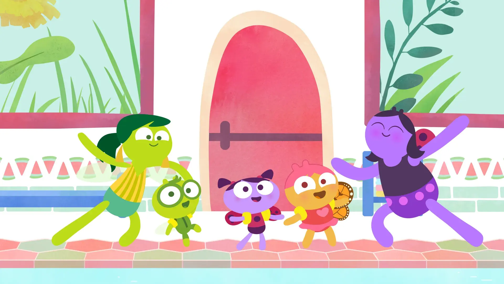 Lu & The Bally Bunch: Characters dance outside.