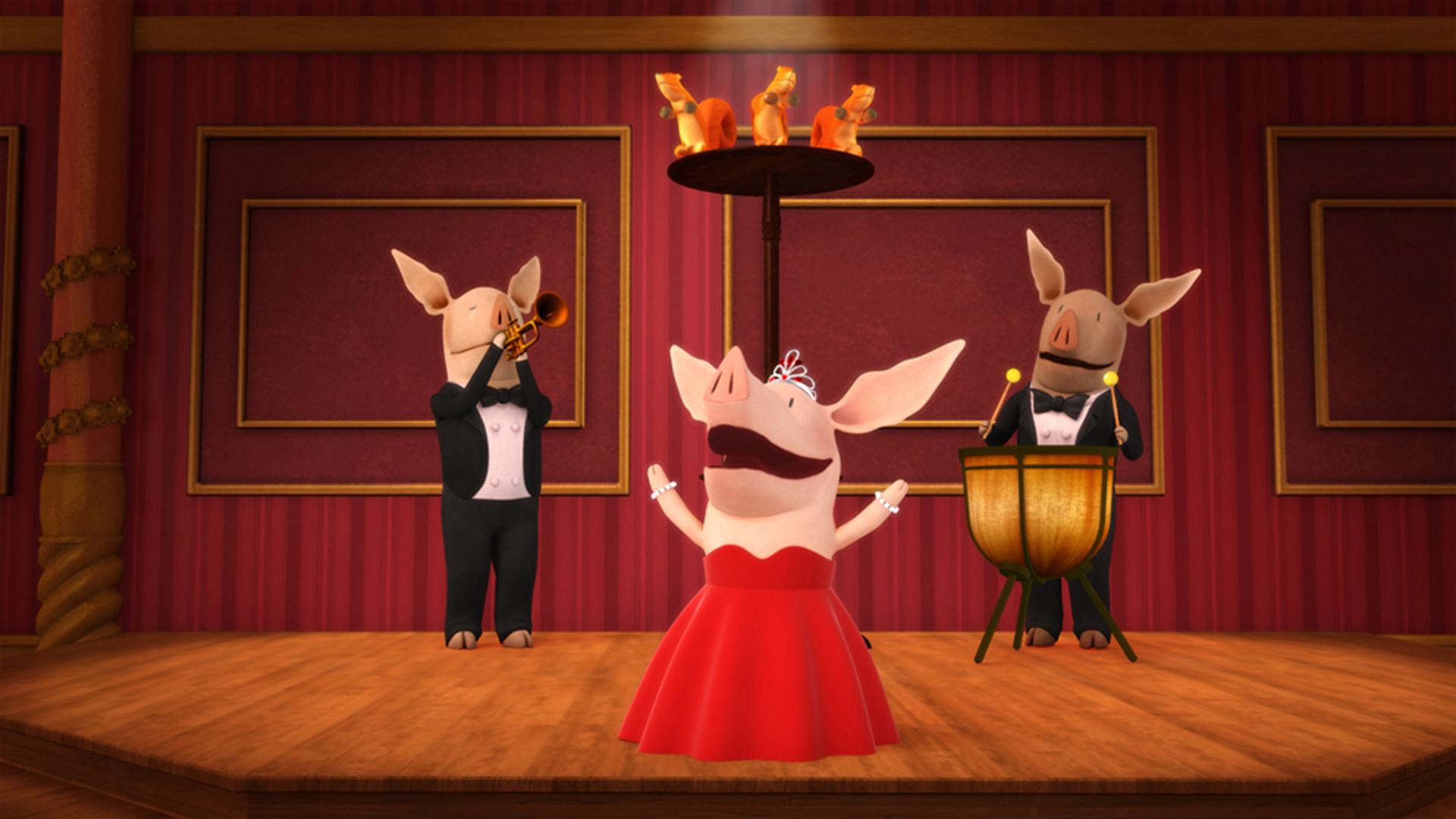 Stage performance scene with Olivia and two other characters dressed up and performing an opera or musical act.