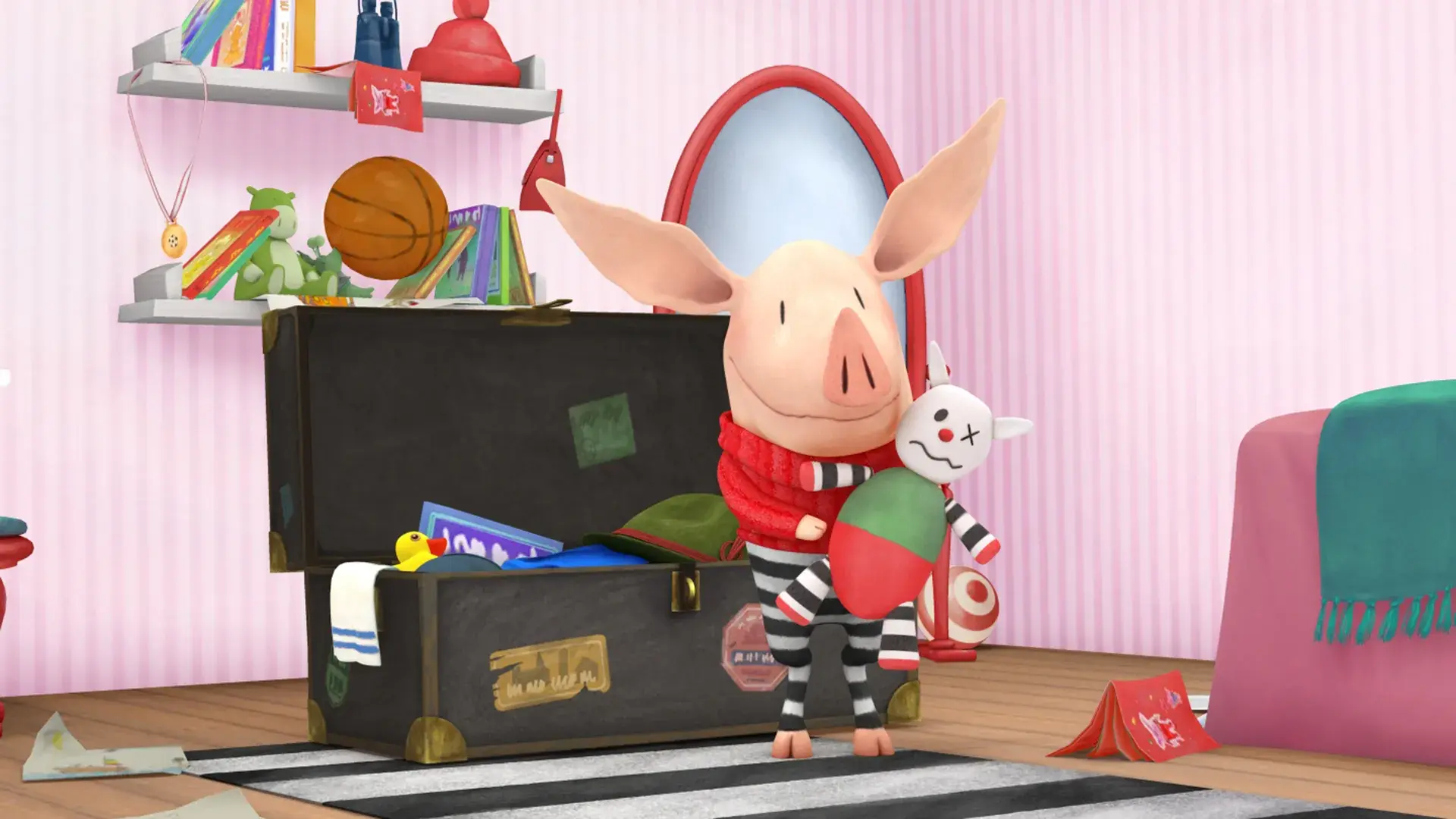 The character of Olivia the pig and her toy inside a room filled with objects, sitting together at a desk or table.
