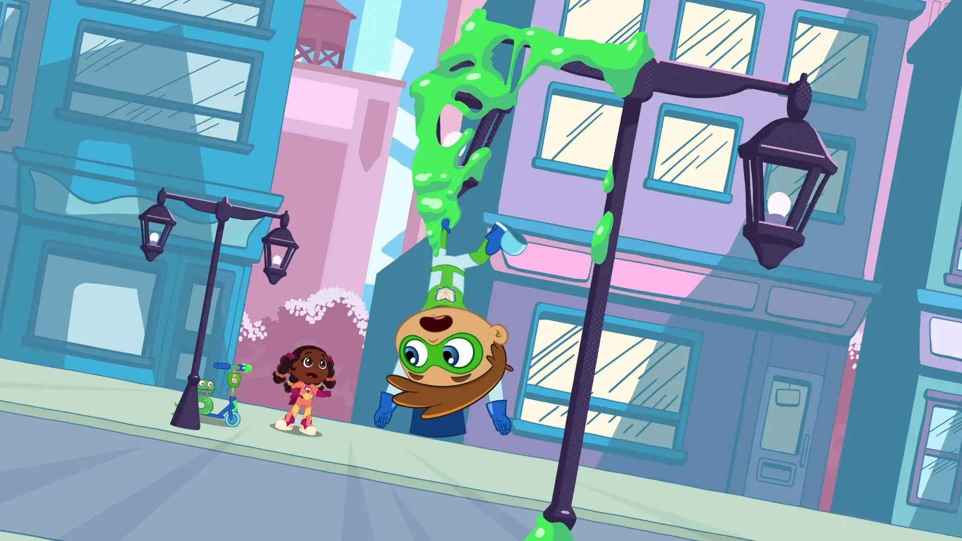 Super Why's Comic Book Adventures: Characters on a city street, one climbs a lamppost.