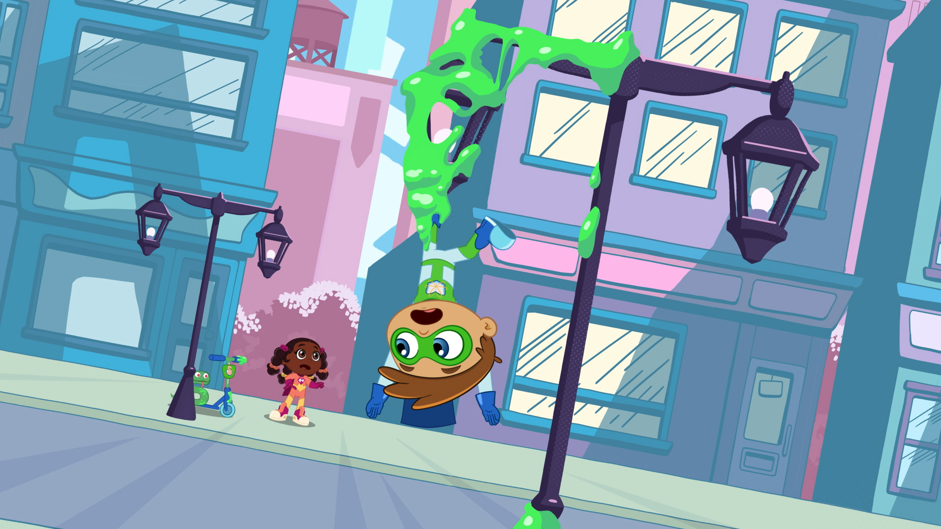 Super Why's Comic Book Adventures: Characters on a city street, one climbs a lamppost.