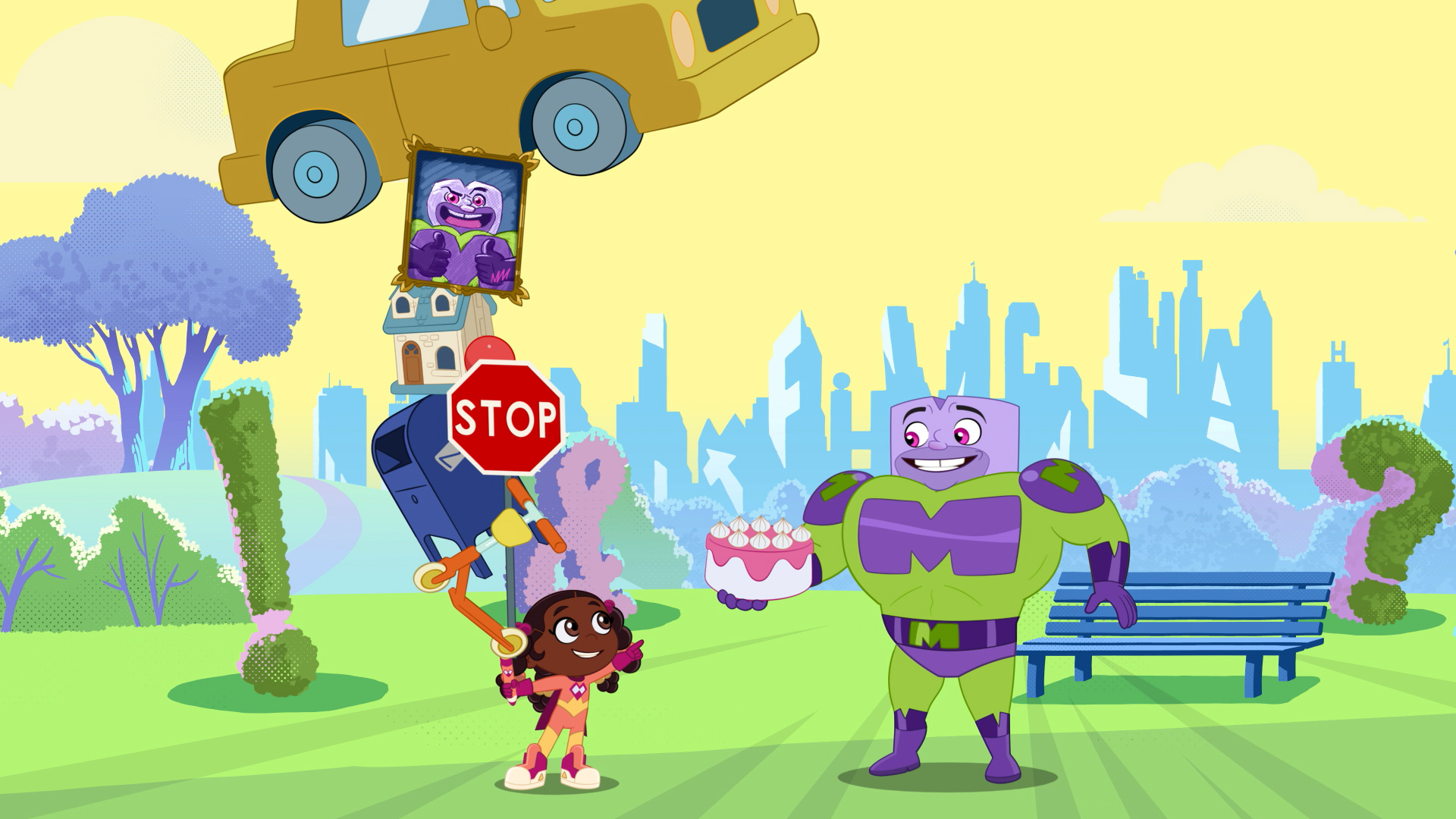 Super Why's Comic Book Adventures: Characters near a stop sign and bench, one signals to stop traffic.