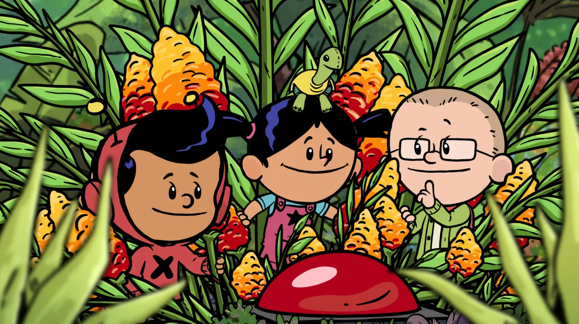 Xavier, Yadina and Brad together surrounding a mushroom