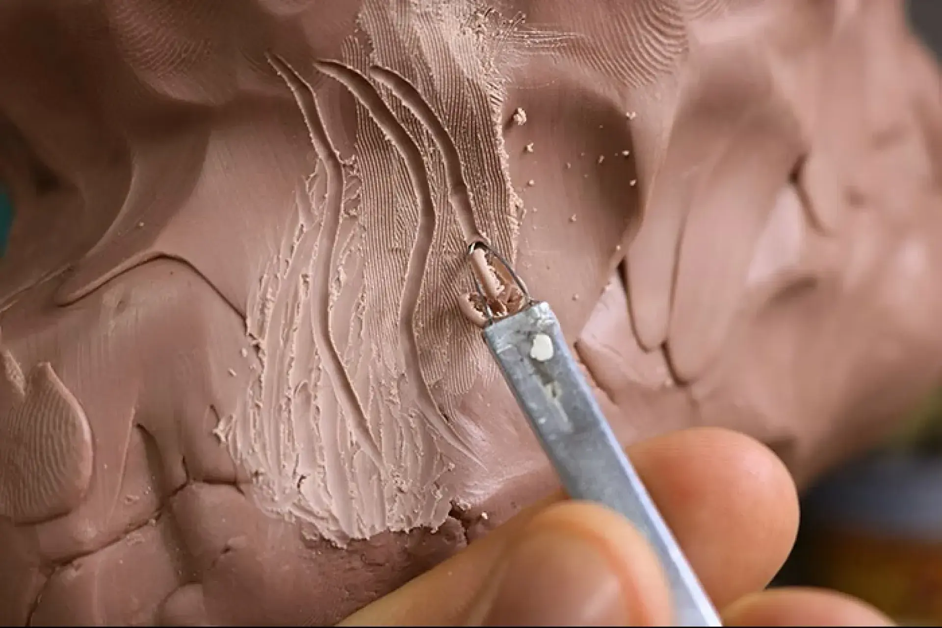Sculpting tool carving fine details into clay texture.