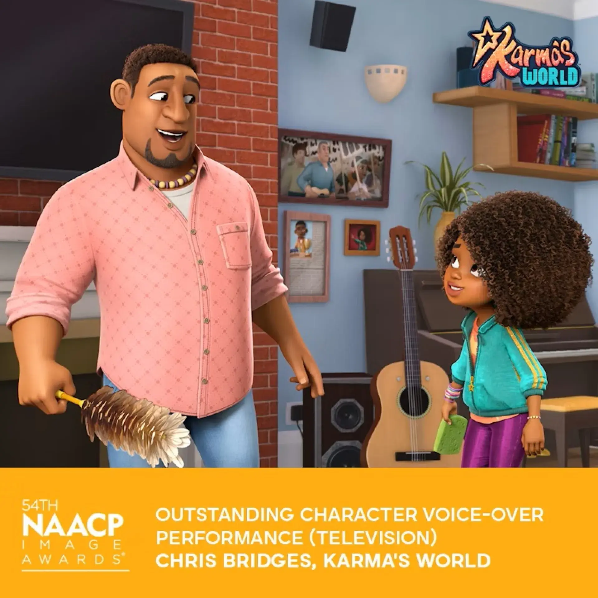 Animated scene from Karma’s World featuring two characters in a music-themed room, with NAACP Image Awards banner for Outstanding Character Voice-Over Performance.