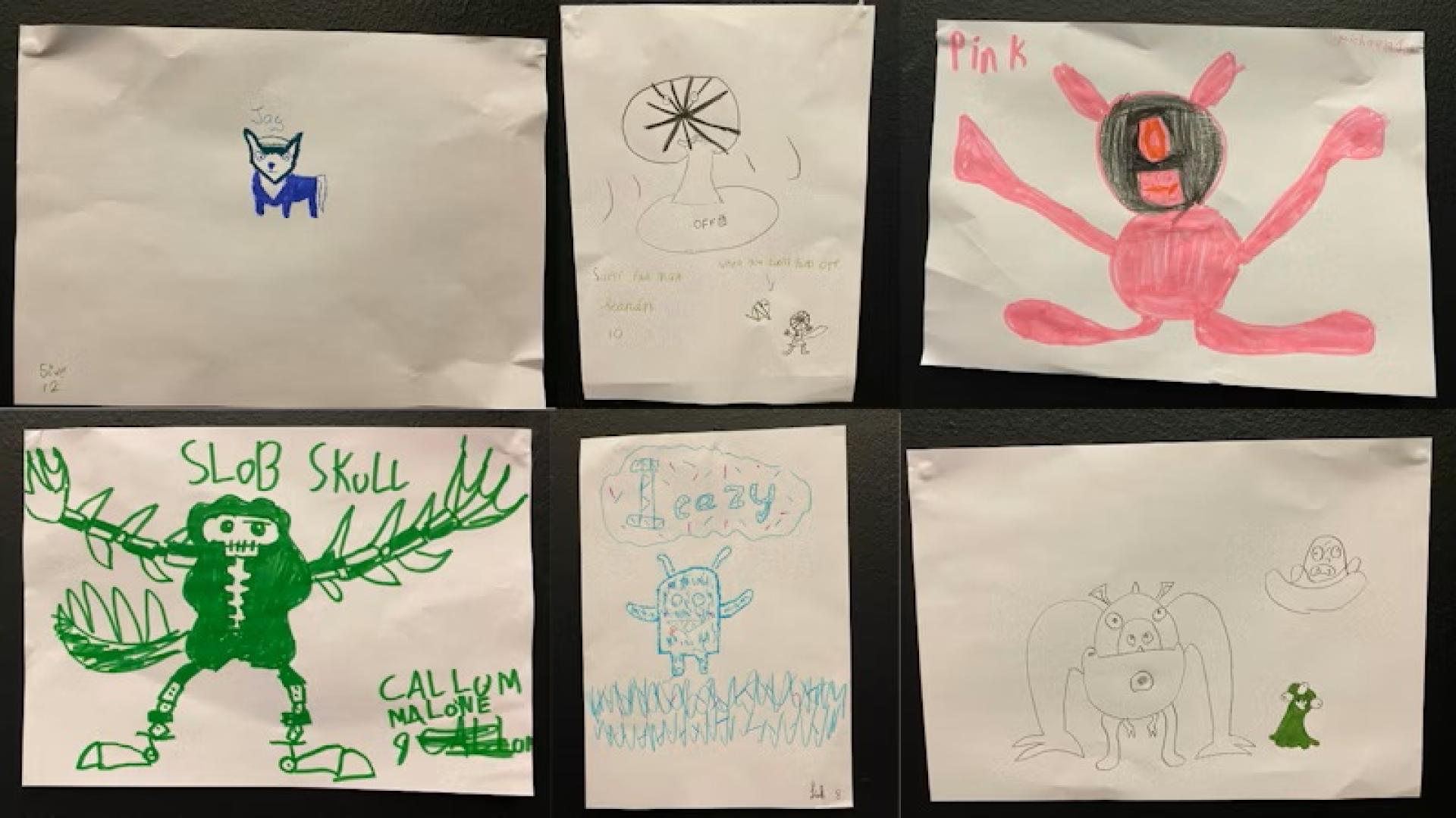Six hand-drawn monster illustrations by kids displayed on white paper sheets.