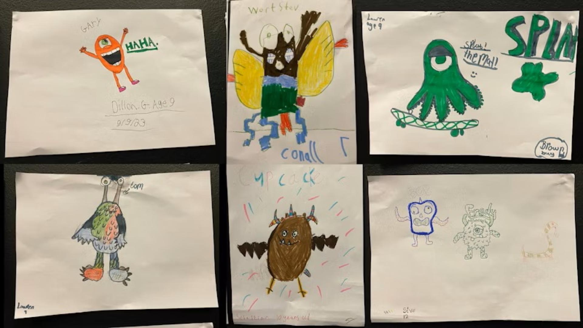Six hand-drawn monster illustrations by kids displayed on white paper sheets.