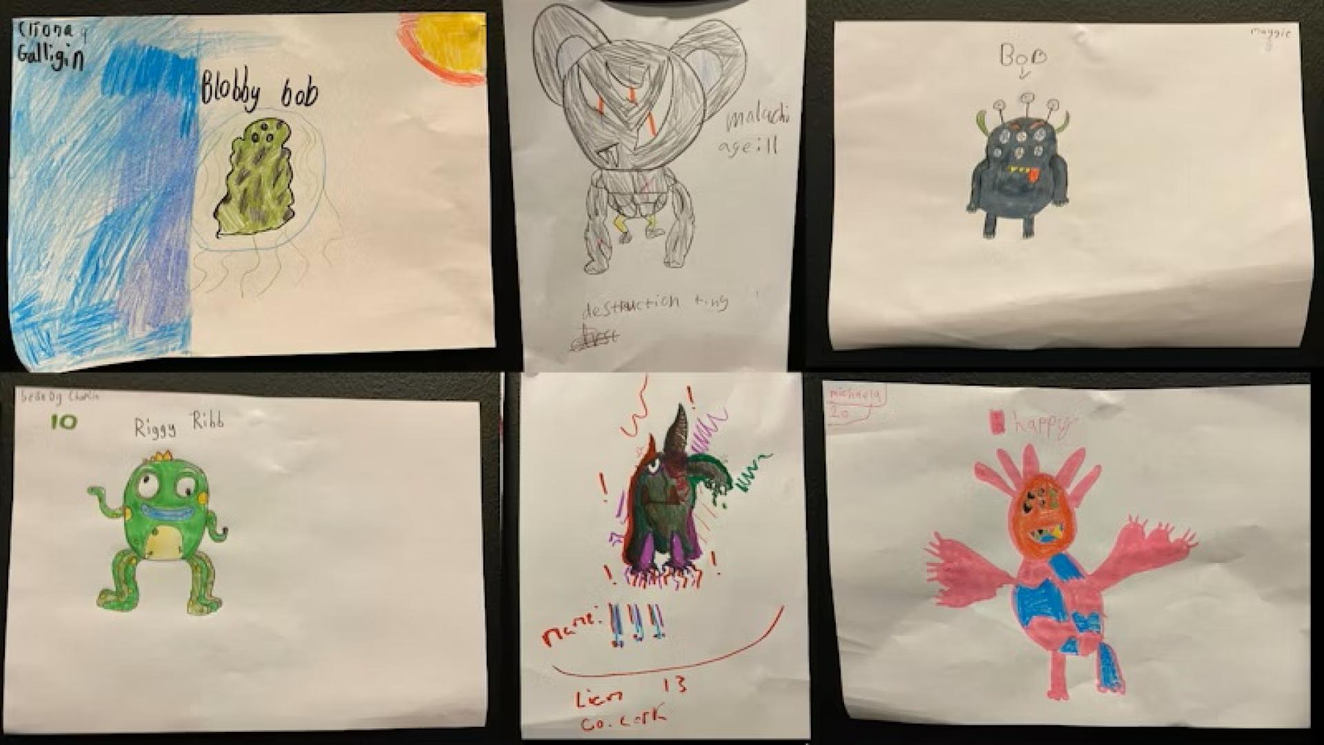 Six hand-drawn monster illustrations by kids displayed on white paper sheets.