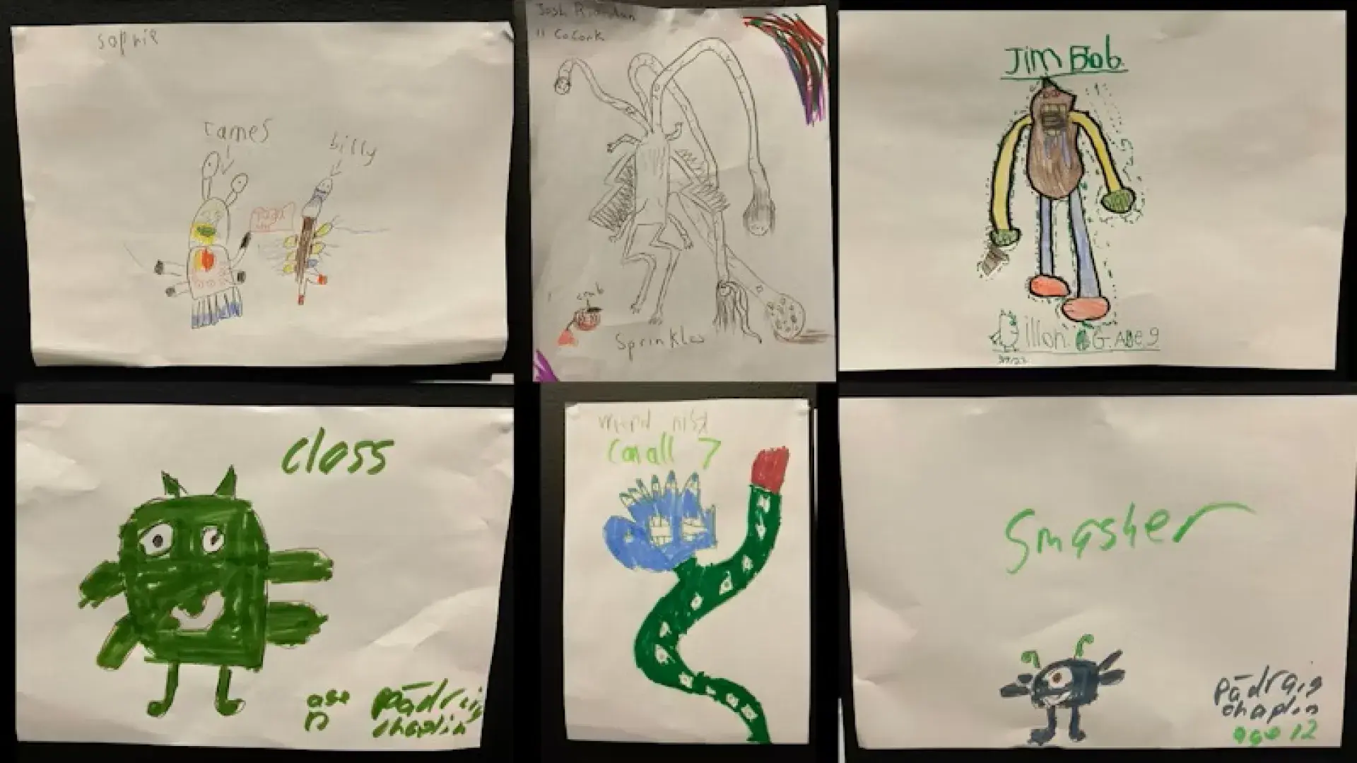 Six hand-drawn monster illustrations by kids displayed on white paper sheets.