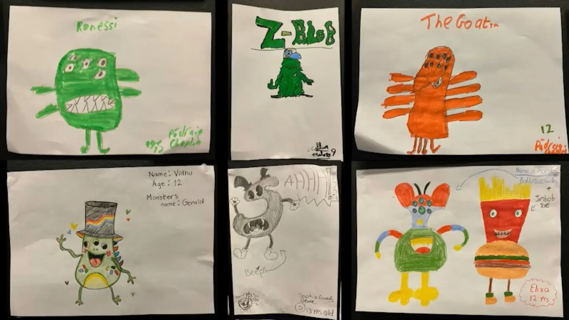 Six hand-drawn monster illustrations by kids displayed on white paper sheets.