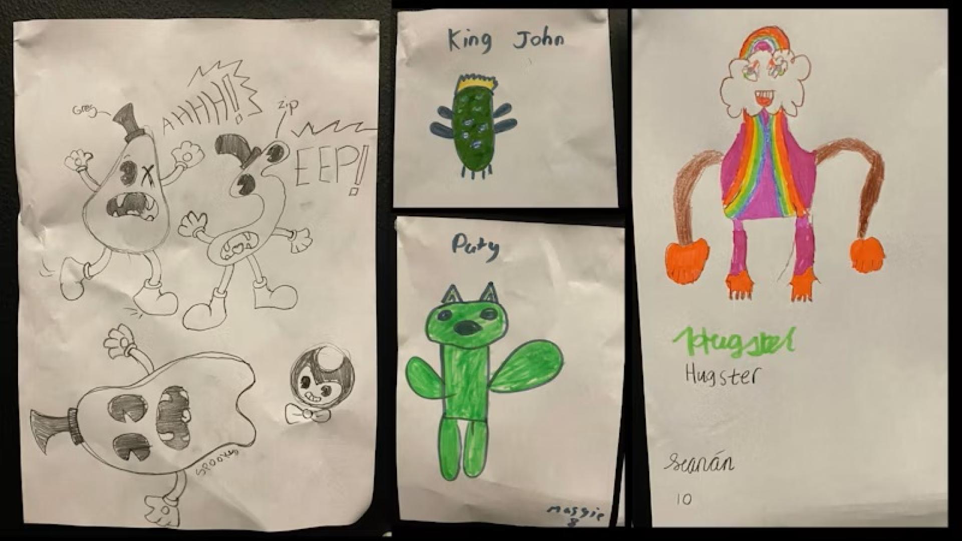 Four hand-drawn monster illustrations by kids displayed on white paper sheets.