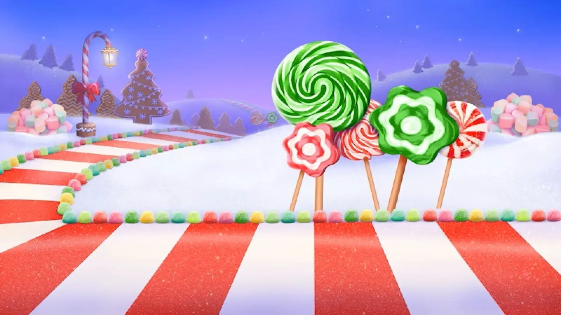 Candy Cane Lane with giant lollipops, gumdrops, and a striped path in a snowy setting.