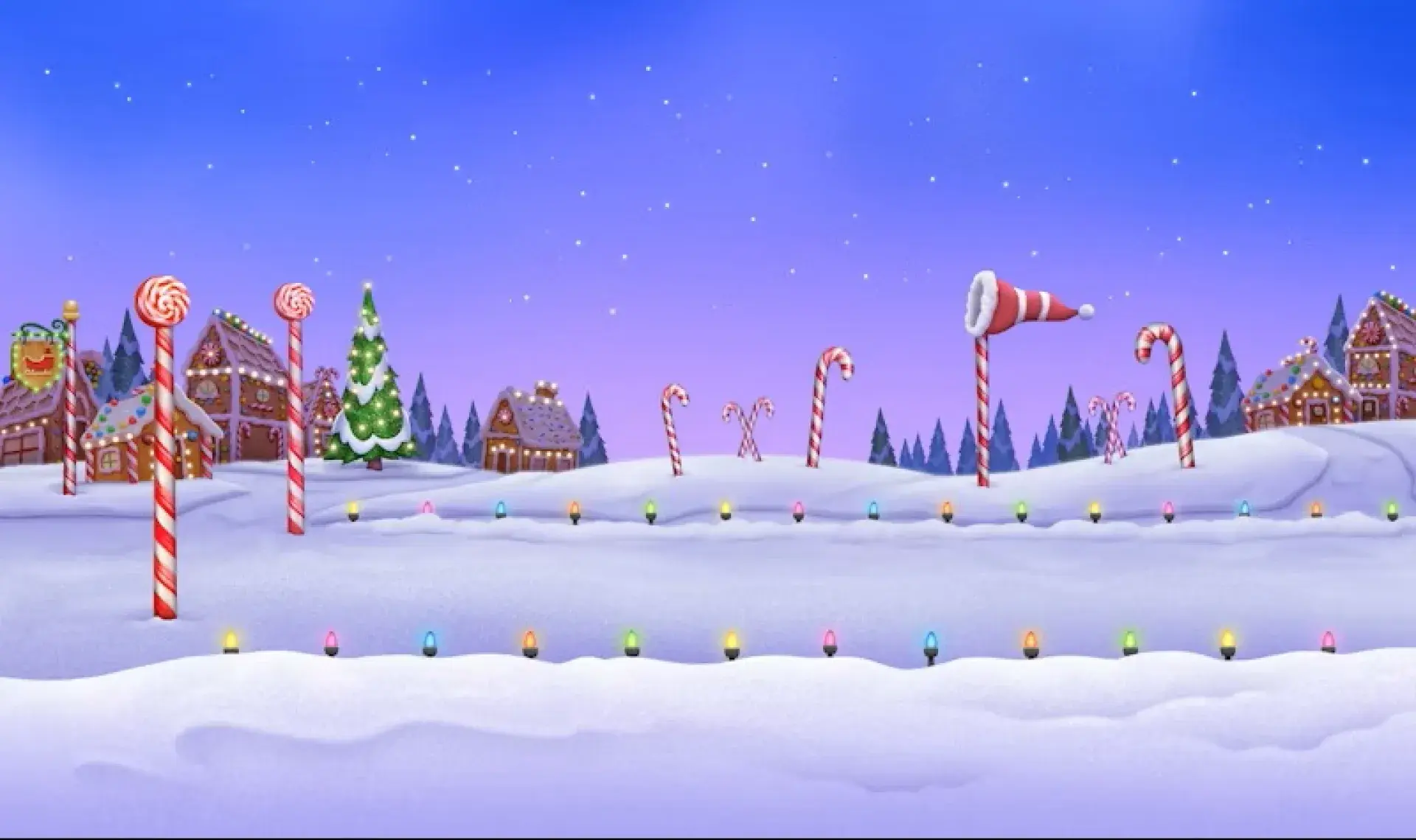 Snowy gingerbread village with candy cane poles, Christmas tree, and colorful lights.
