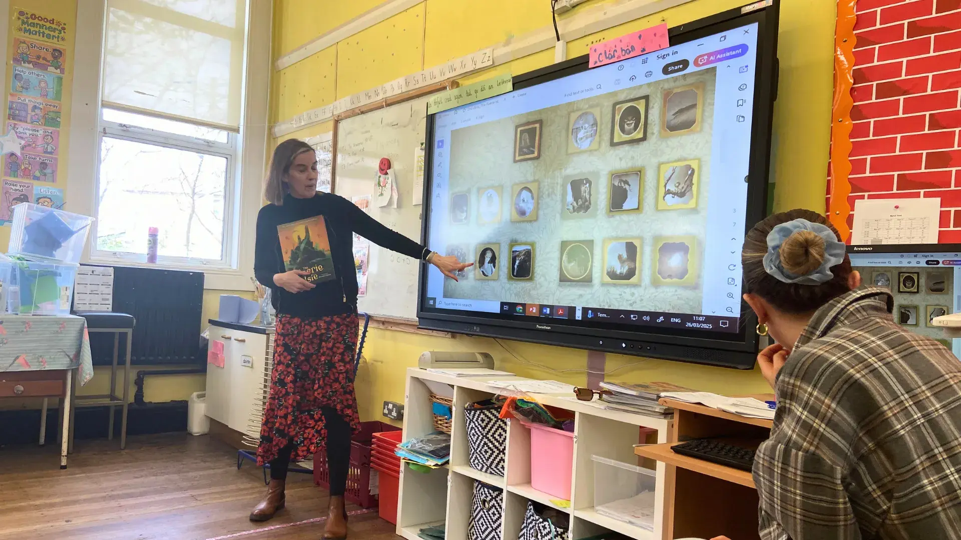 A children's book author giving a presentation in a school classroom