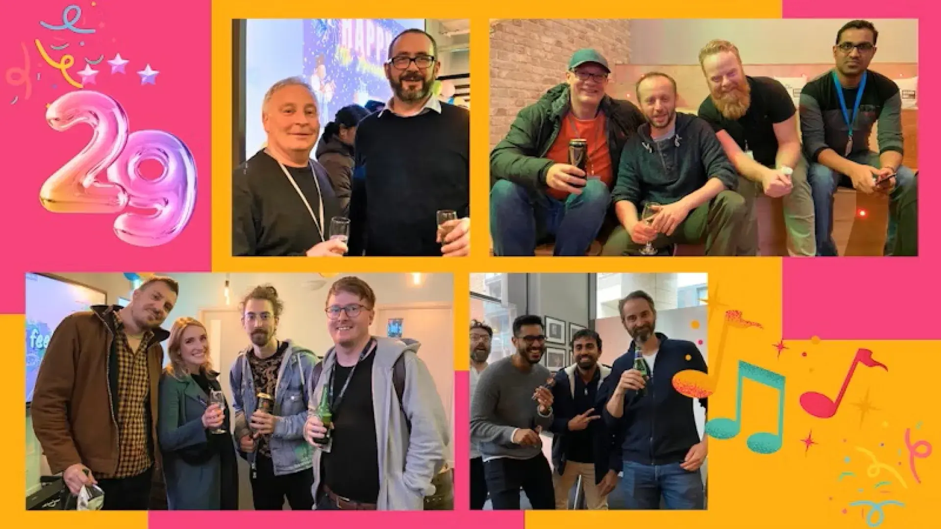 Collage of team members holding drinks and socializing during Brown Bag Films 29th anniversary celebration.