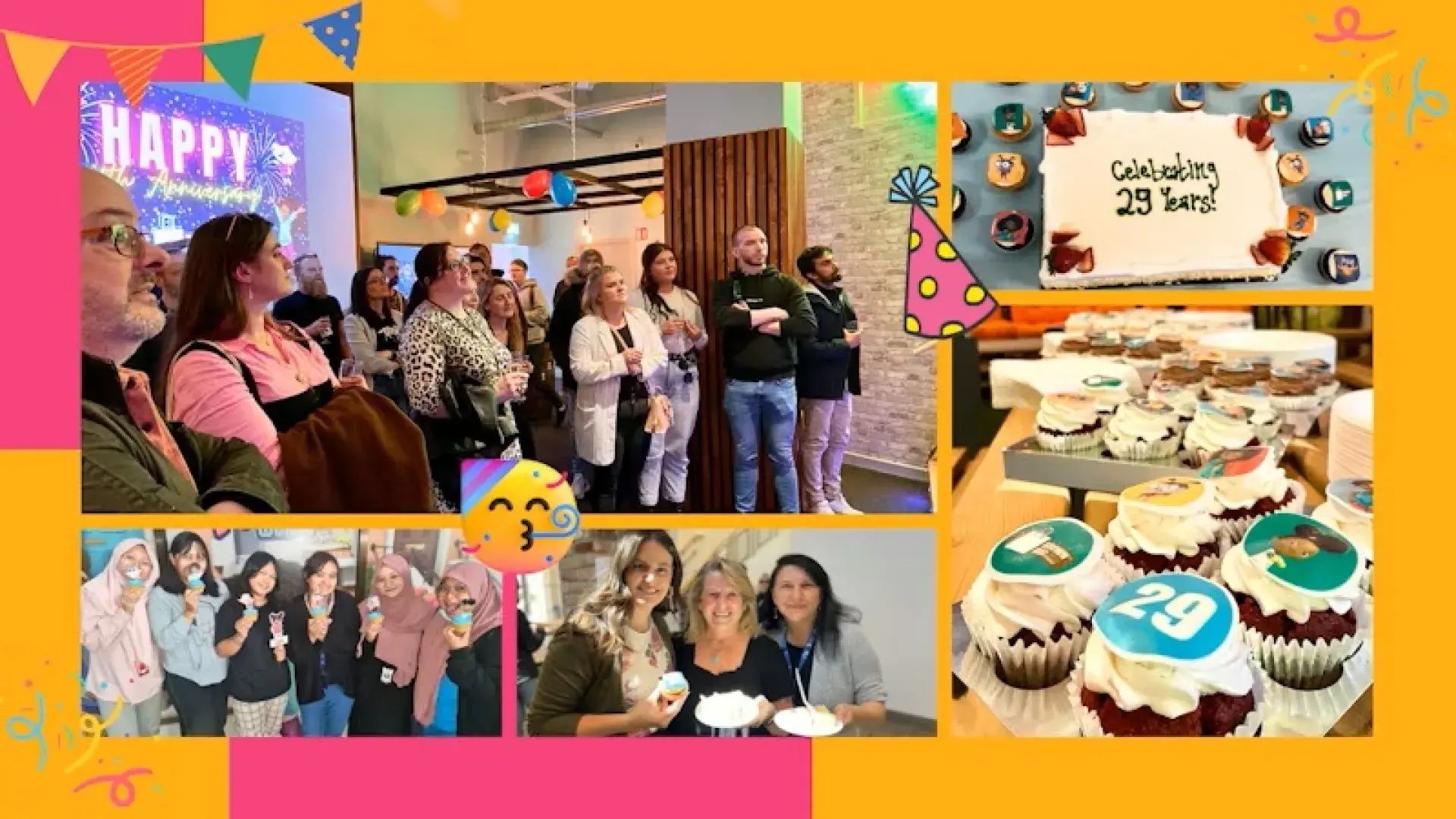 Collage showing team gathering, cupcakes decorated with character toppers, and a cake with text “Celebrating 29 Years.”