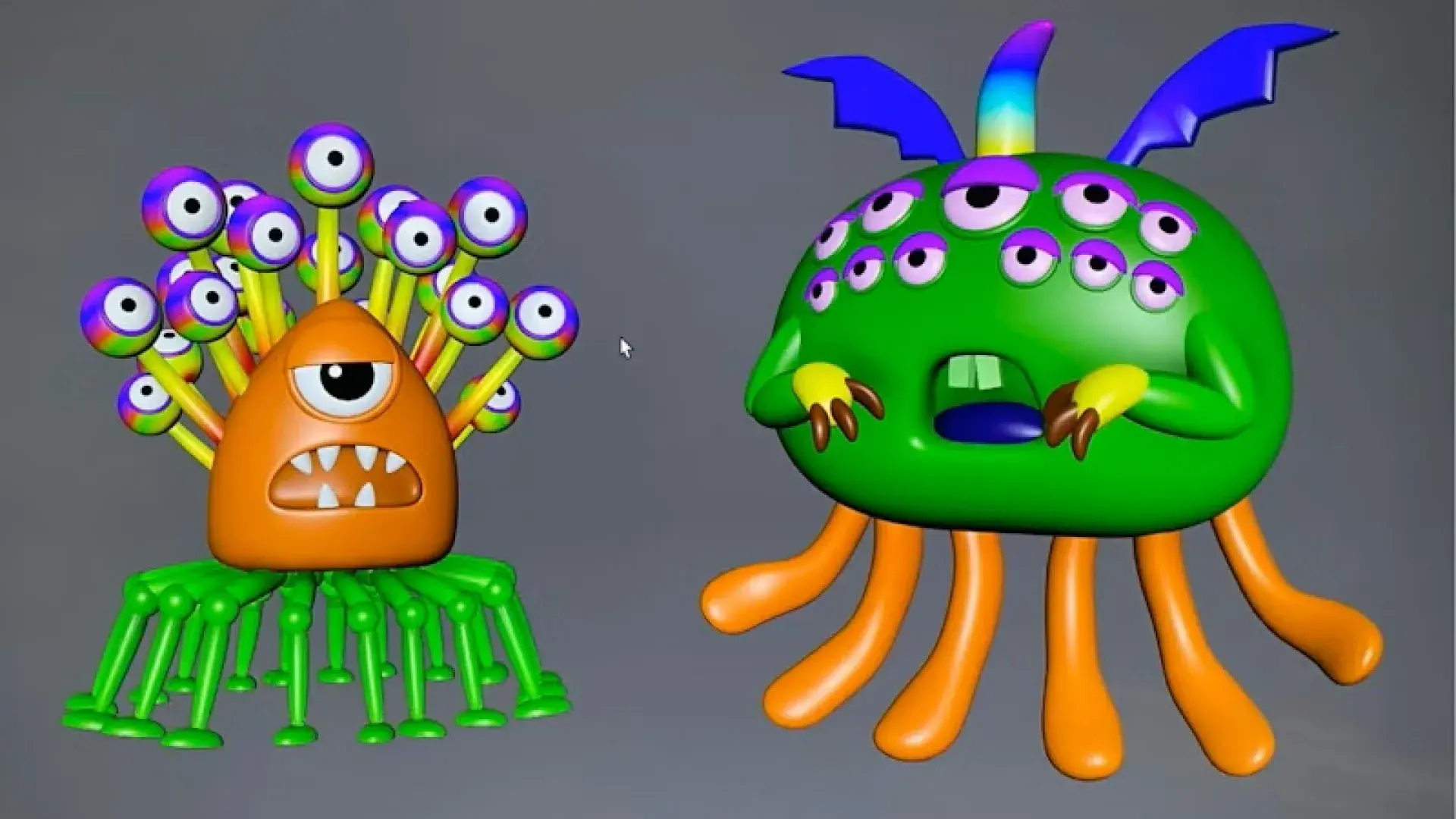 Two 3D cartoon monsters with multiple eyes and tentacle-like legs on a gray background.
