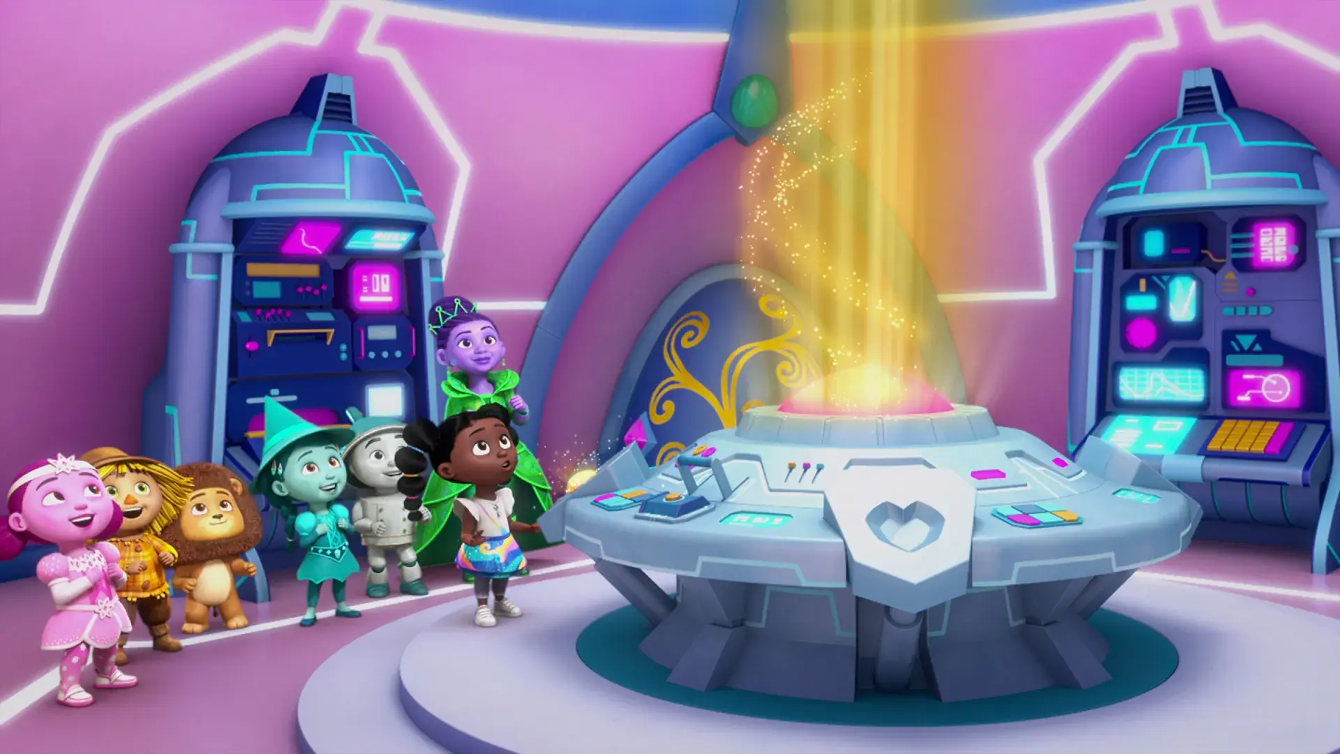 A colourful room with characters from Dee & Friends in Oz looking at a yellow beam of light
