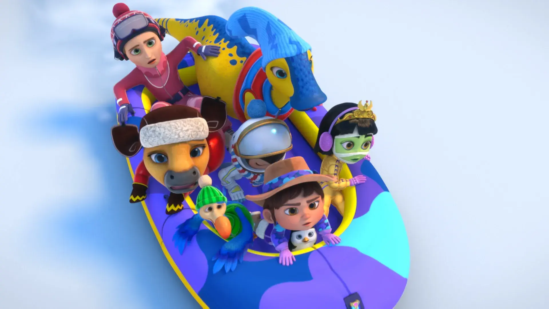 Ridley Jones characters in a boat on the snow