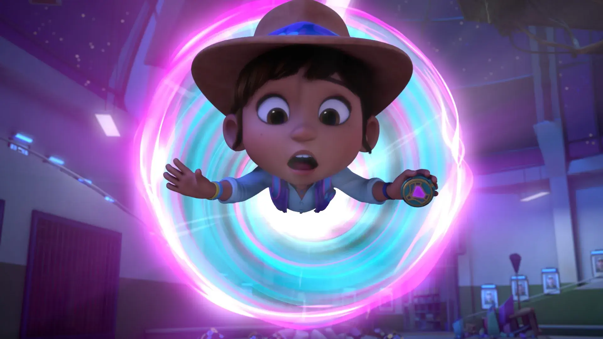 Ridley Jones falling through a brightly coloured portal