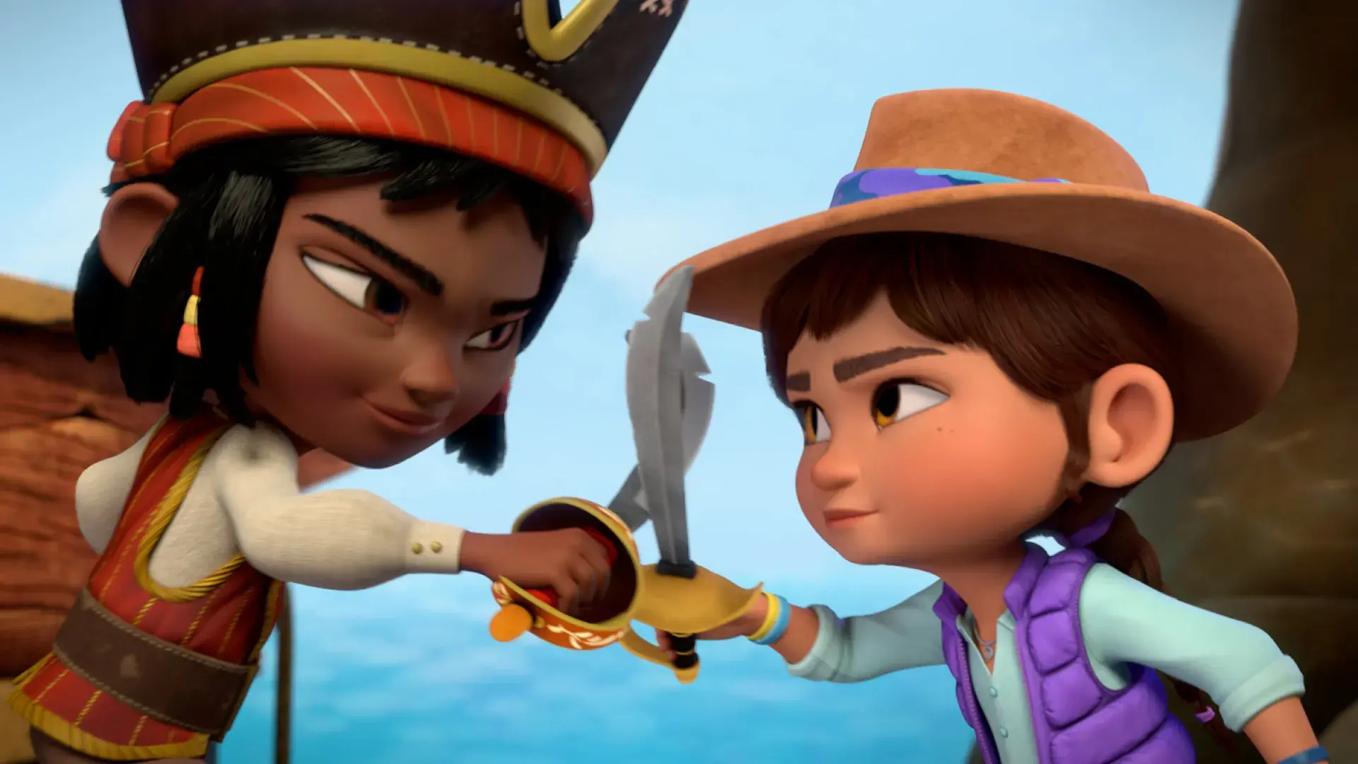 Ridley Jones sword fighting with a pirate