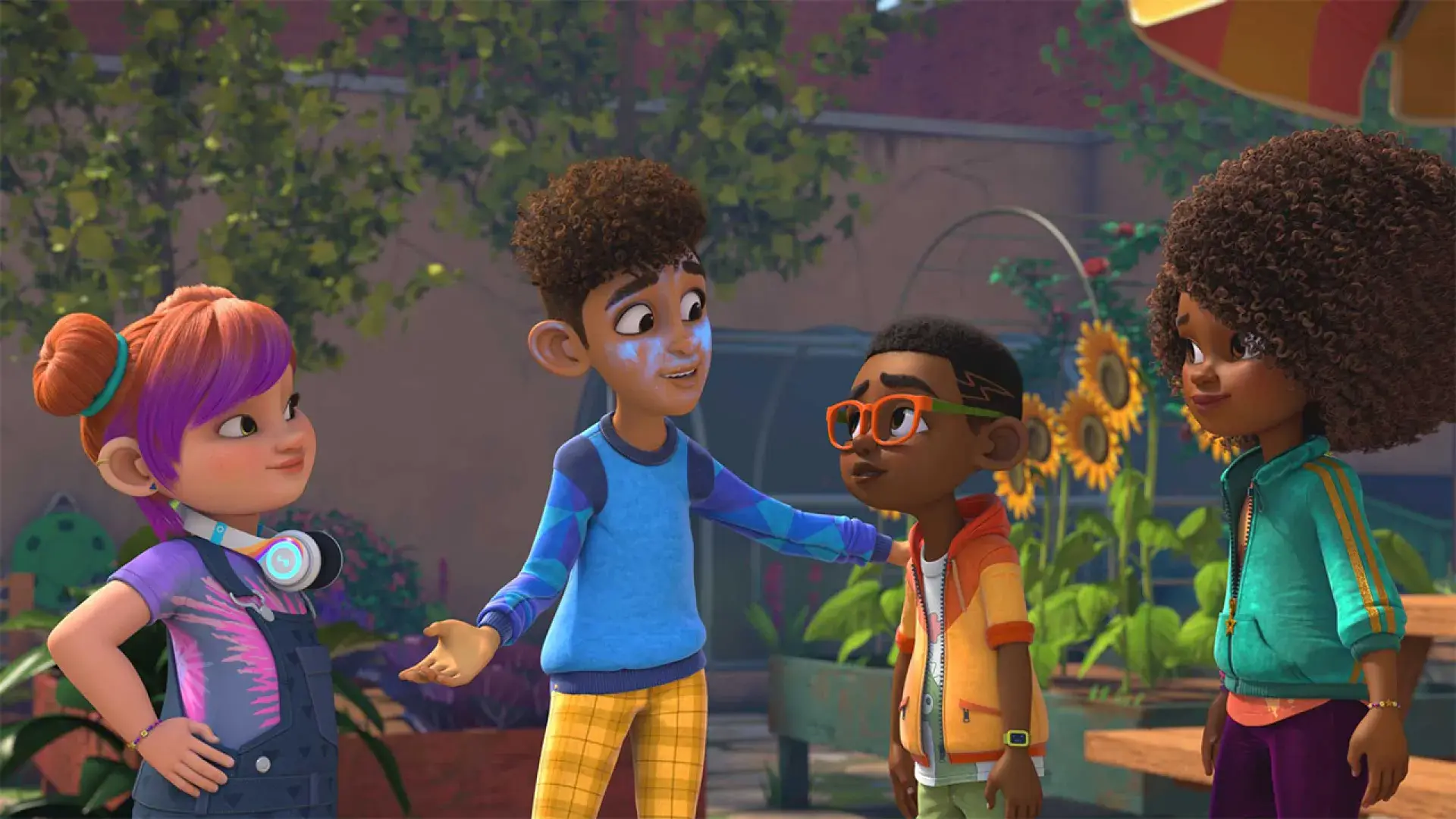 A group of characters from Karma's World series standing in a garden