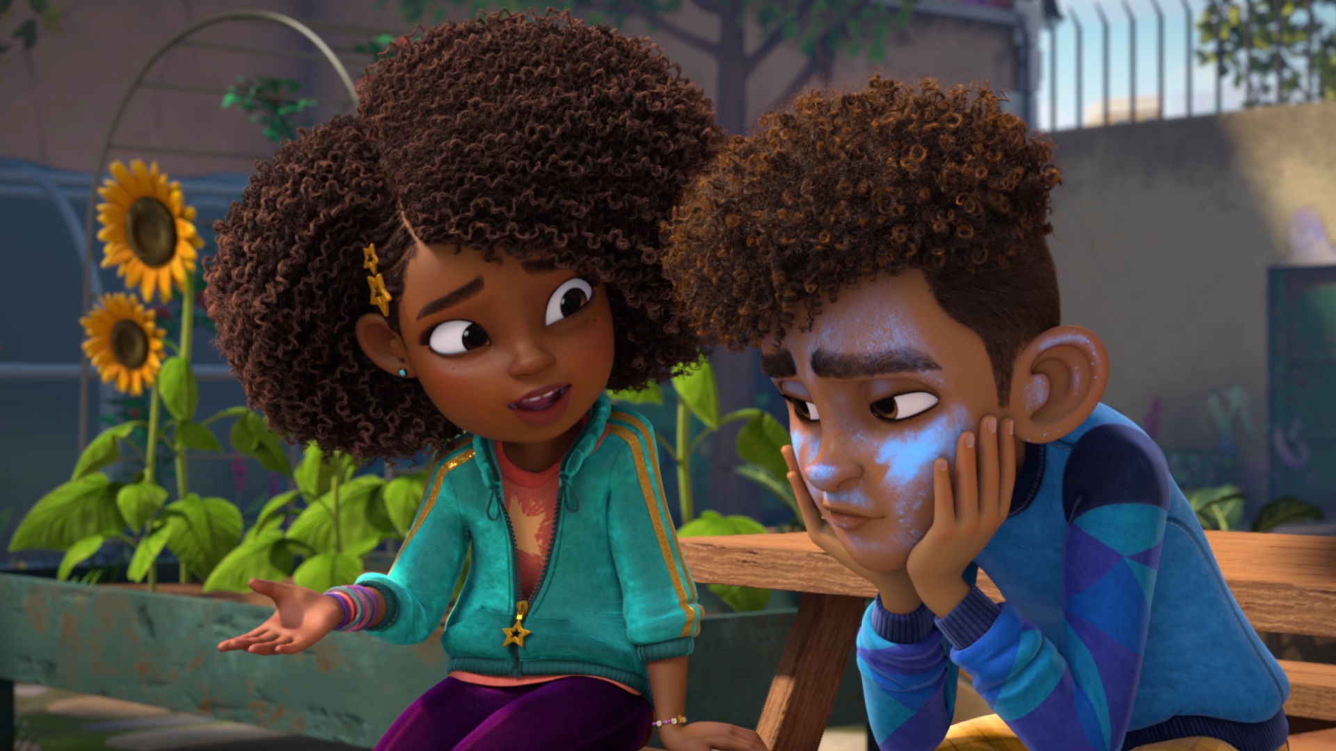 Karma and Winston sitting together. Karma is trying to reassure Winston.