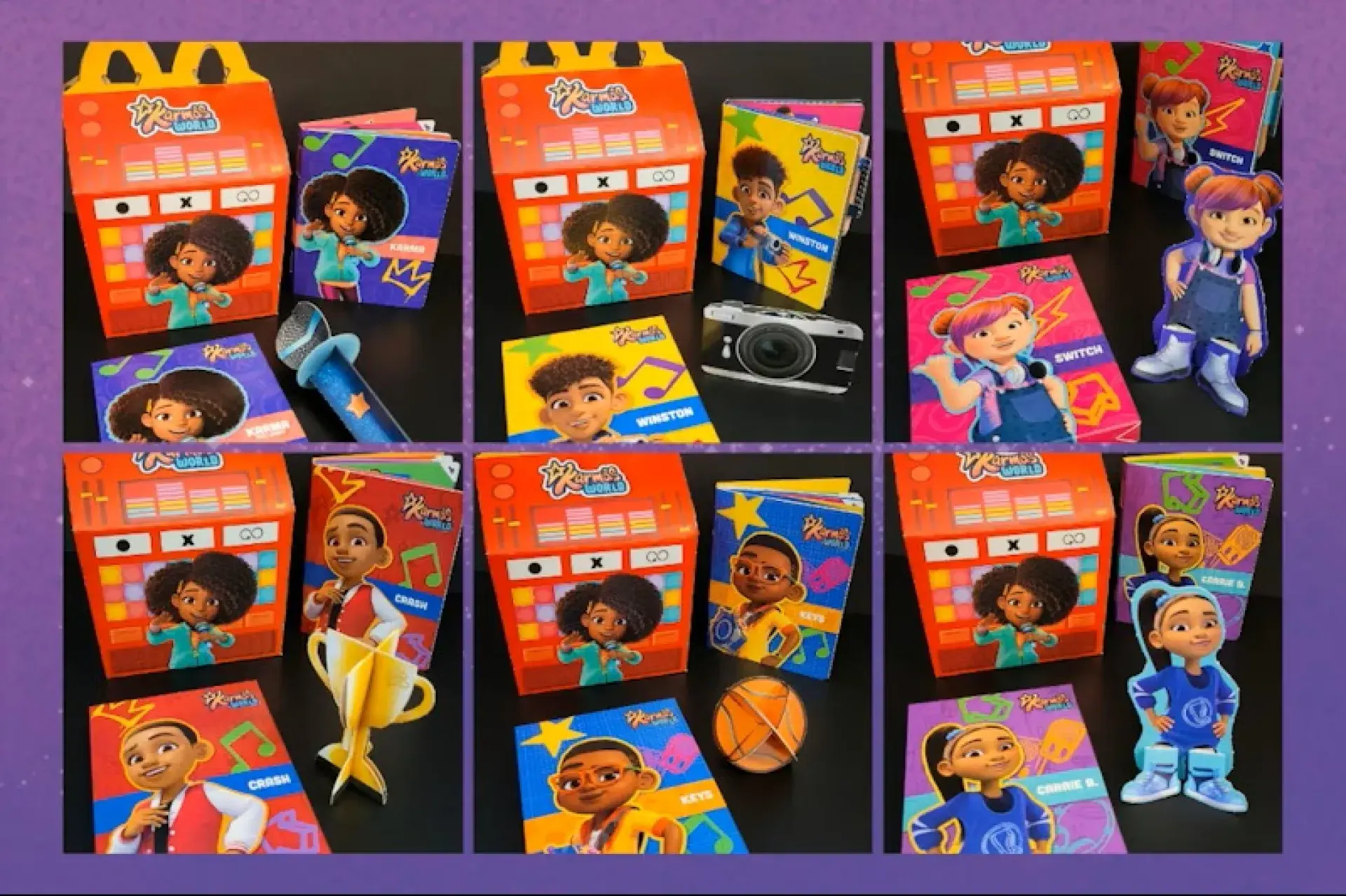 Collage of Karma’s World Happy Meal boxes with character cutouts and themed toys including microphone, camera, trophy, and basketball.