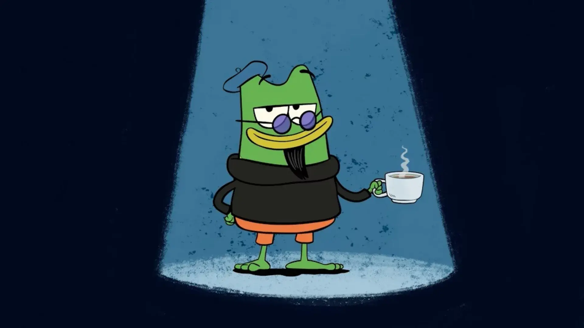 Animated green frog character wearing sunglasses and holding a steaming cup under a spotlight.