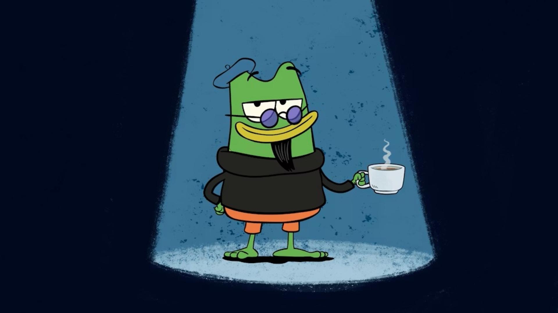 Animated green frog character wearing sunglasses and holding a steaming cup under a spotlight.