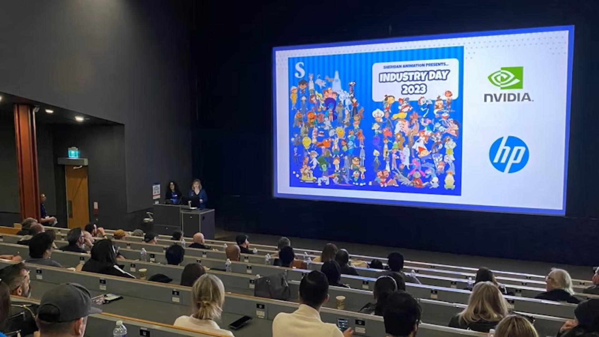 Lecture hall with attendees watching a presentation screen showing Industry Day 2023 graphic and sponsor logos for NVIDIA and HP.