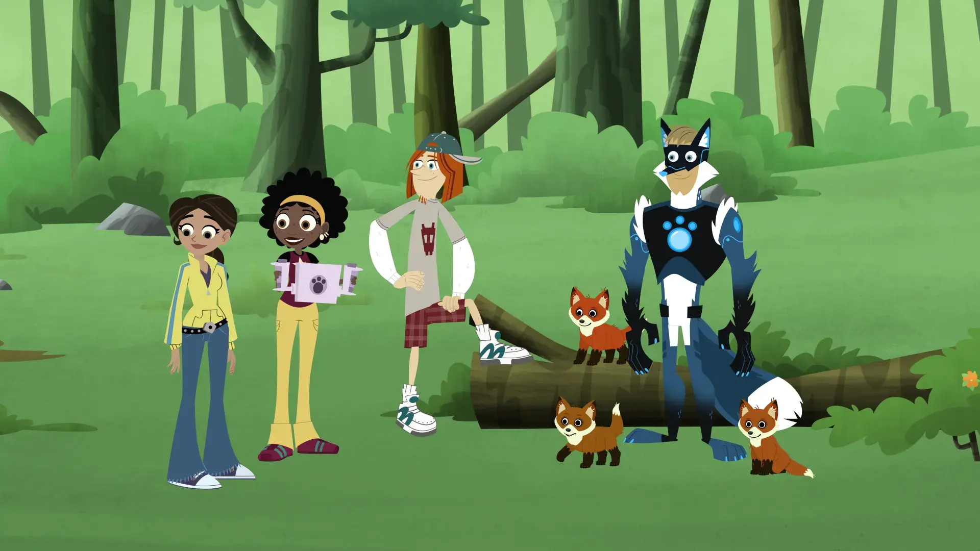 Animated forest scene with two characters standing near a log, another character in shorts, and a wolf-like creature surrounded by fox cubs.