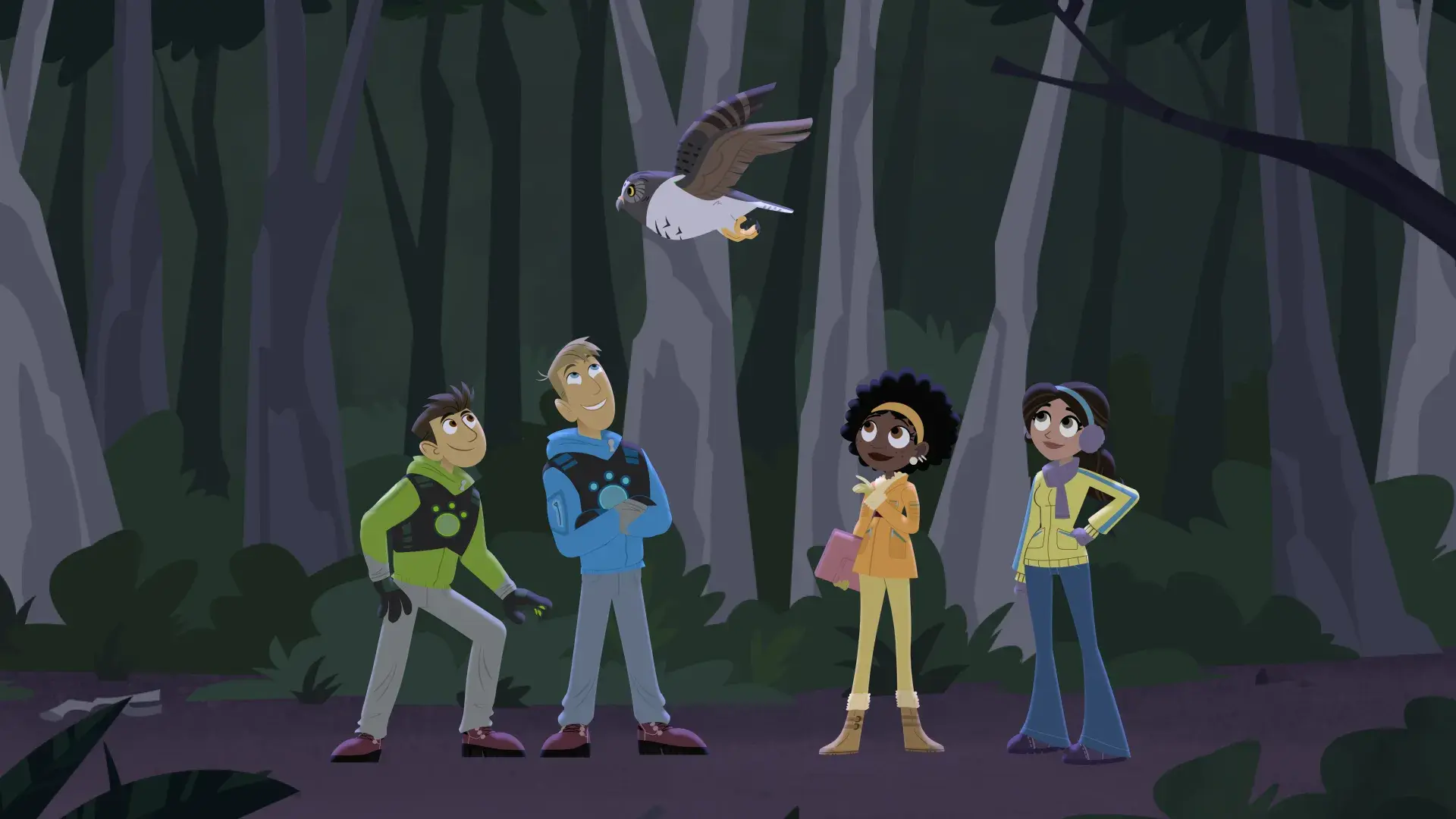 Animated forest at night with four characters looking up at an owl flying overhead.