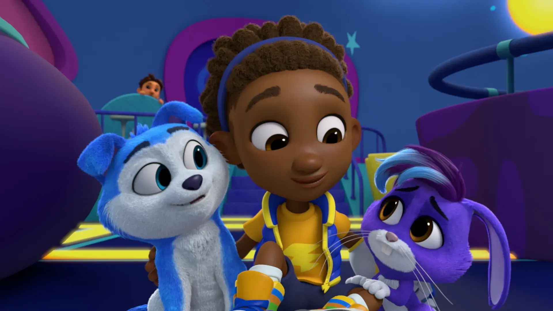 Animated production still from RoboGobo showing a child seated between two animal companions—a friendly blue dog on one side and a gentle purple rabbit on the other—inside a colorful, futuristic play space.