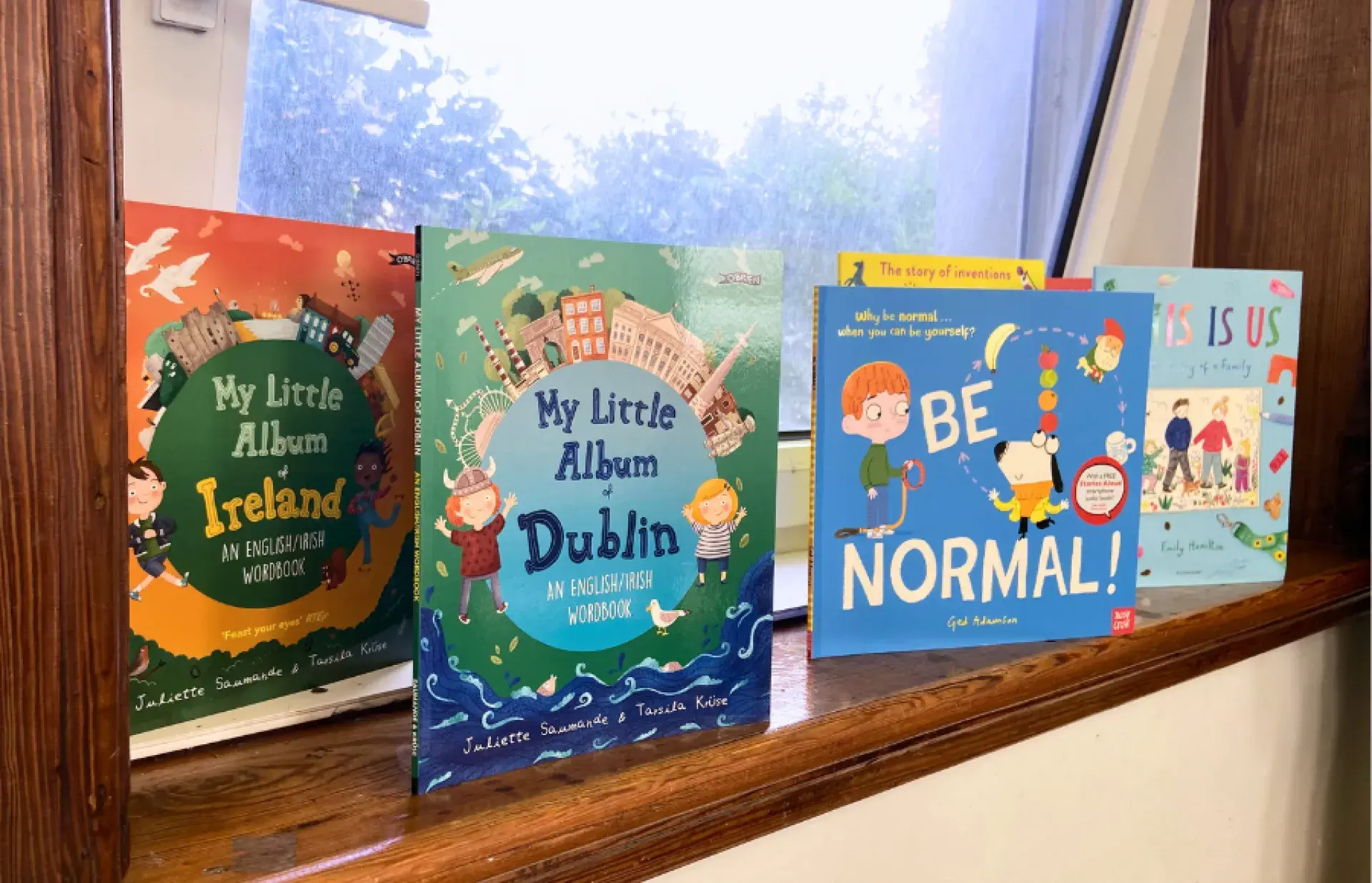 Children’s picture books displayed along a windowsill, including titles about Ireland, Dublin, and family themes.